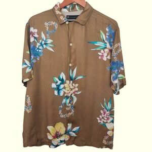 AllSaints Shirt Men Medium Brown Hana Short Sleeve Loop Camp Collar Viscose Fall